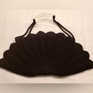 Vintage 40s 1940s Black Knit Crochet Fan Purse Large Long Lucite Handle RARE